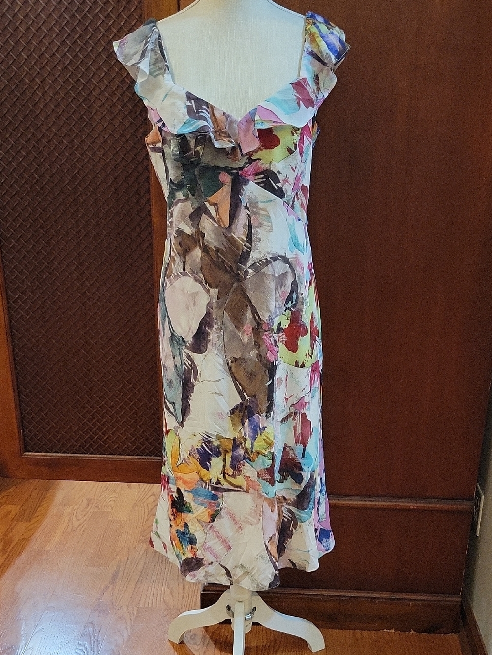 BLACK HALO | Abstract Print Colorful Midi Dress Ruffle Sleeve - Size 10